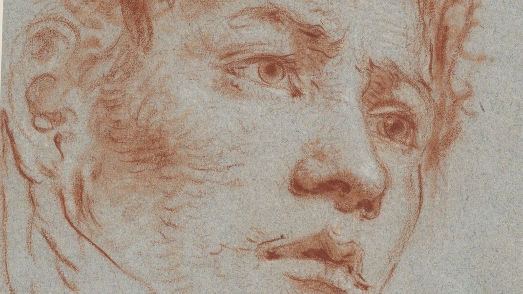 ortrait drawing of a young man in profile, created with red and white chalk on blue paper by Giovanni Battista Tiepolo.
