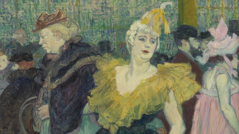 Toulouse-Lautrec painting of a vibrant cabaret scene, figure in yellow and green, red lips, feathered hat.