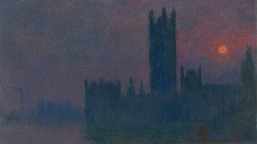 A painting of the houses of parliament with a purple sky and orange sun