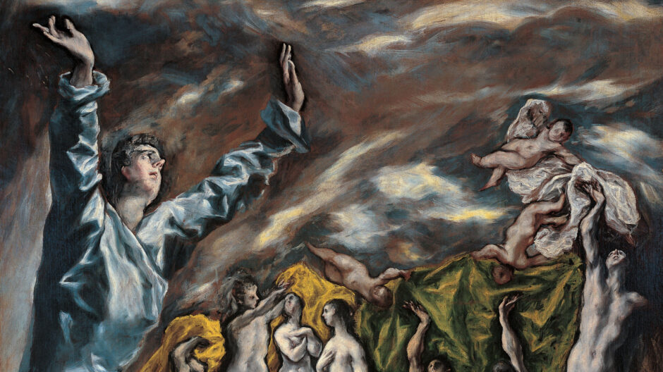 Painting of a group of elongated figures set against a stormy background.