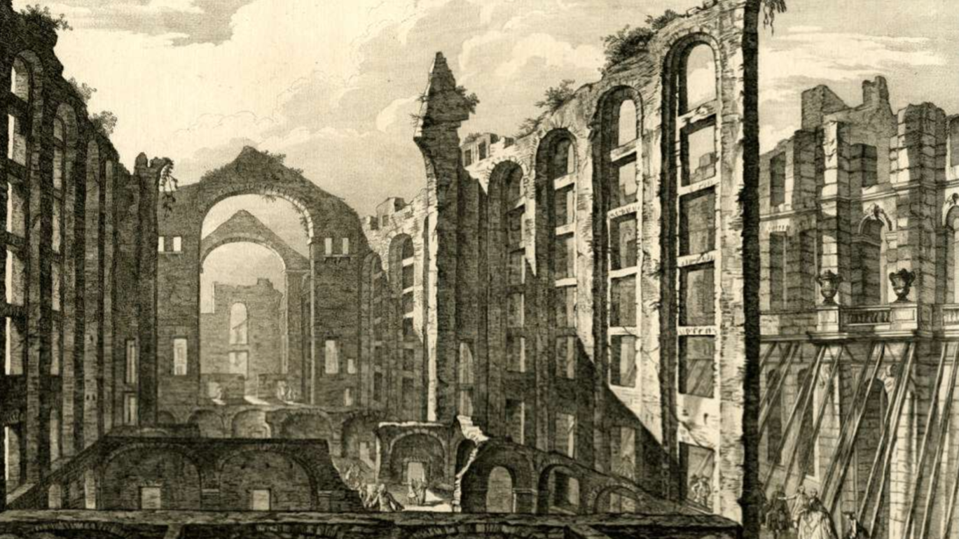 monotone engraving of Casa da Opera showing signs of dilapidation