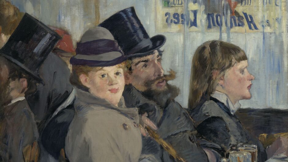 Painting of two women and a man sitting at a counter in a cafe