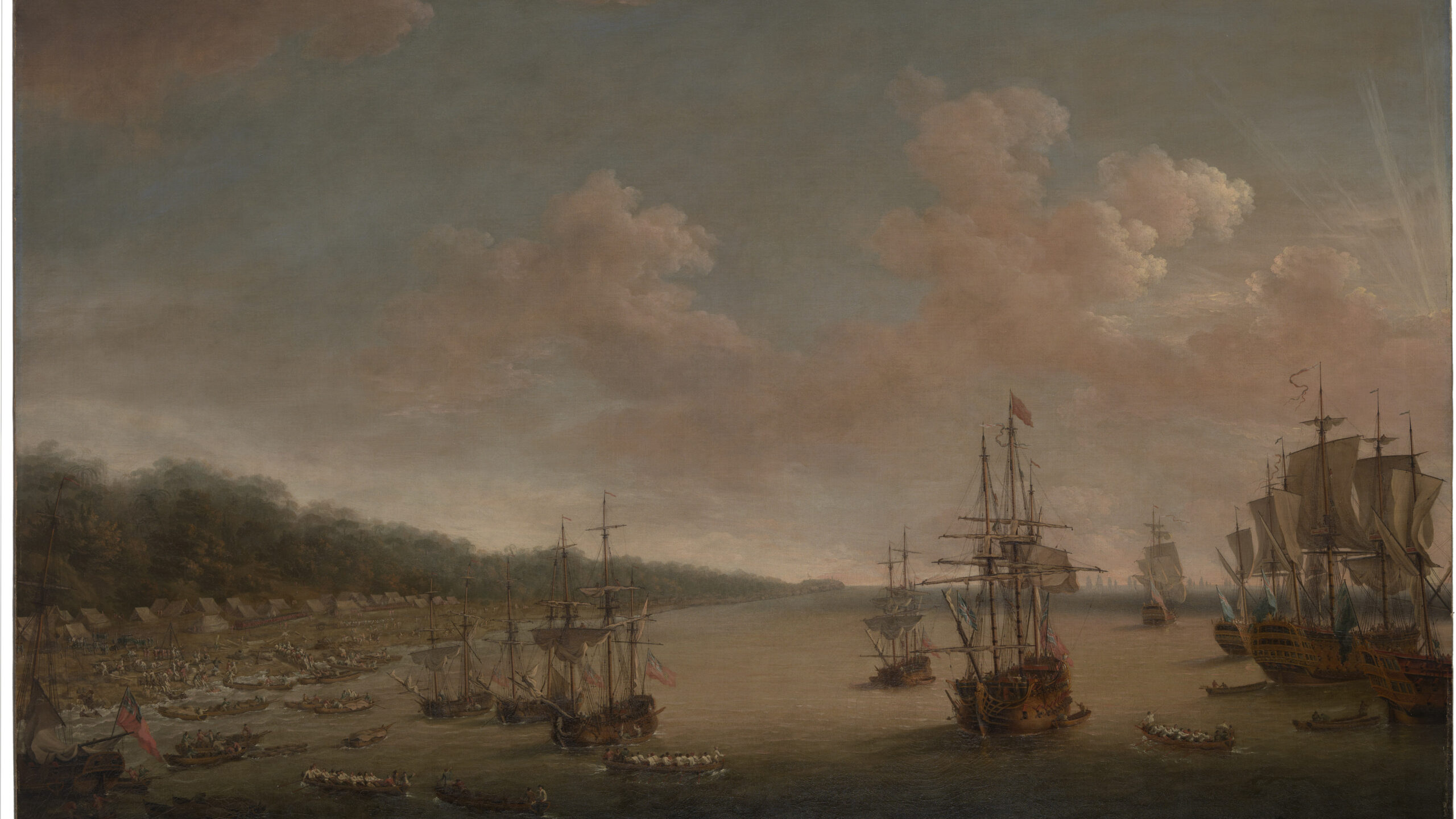 Tall ships approach the coast of Havana,small figures depicted as landing on the beach from boats on the water, tents in the distance. Muddy colour tones.