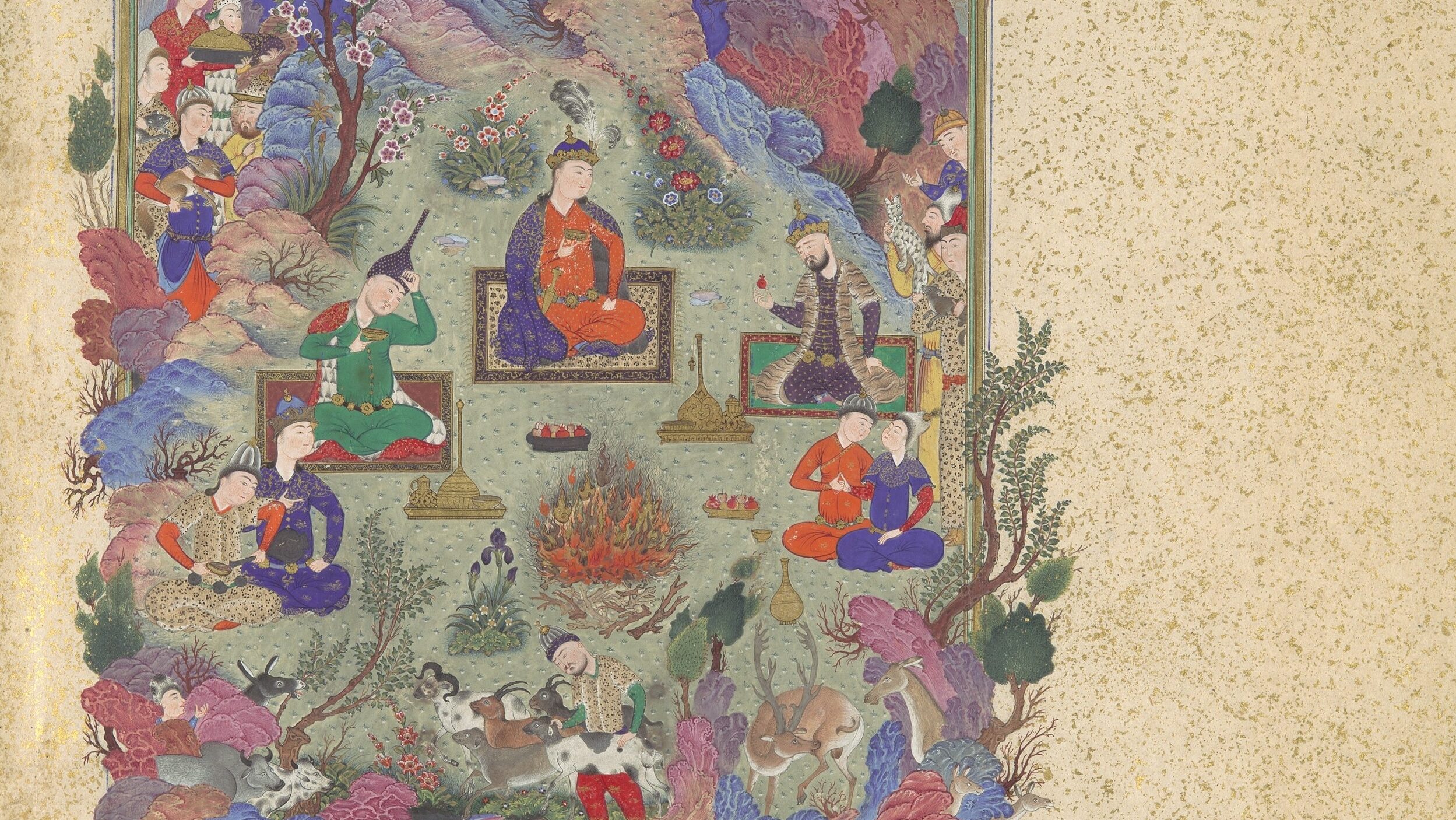 Highly decorative illustration of The Feast of Sadeh, two thirds of the page are colored and feature ornate vegetation and a clearing where a group of figures sit on mats around a fire.