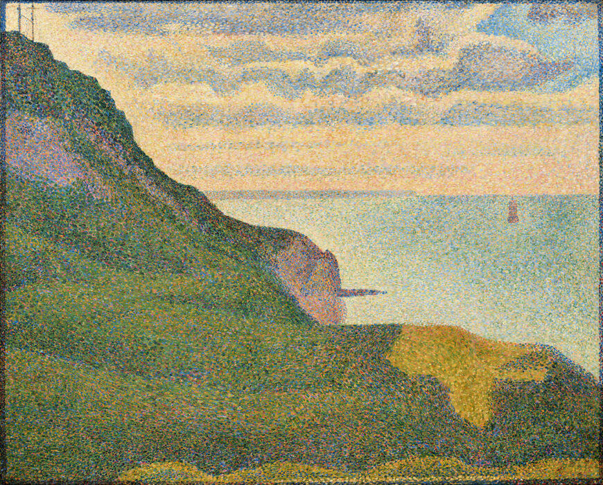 A painting of Seascape at Port-en-Bessin, Normandy, a green cliff overlooking the blue sea with clouds in the sky