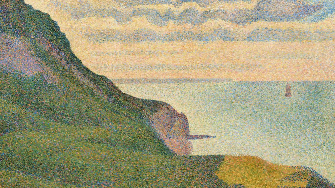 A painting of Seascape at Port-en-Bessin, Normandy, a green cliff overlooking the blue sea with clouds in the sky