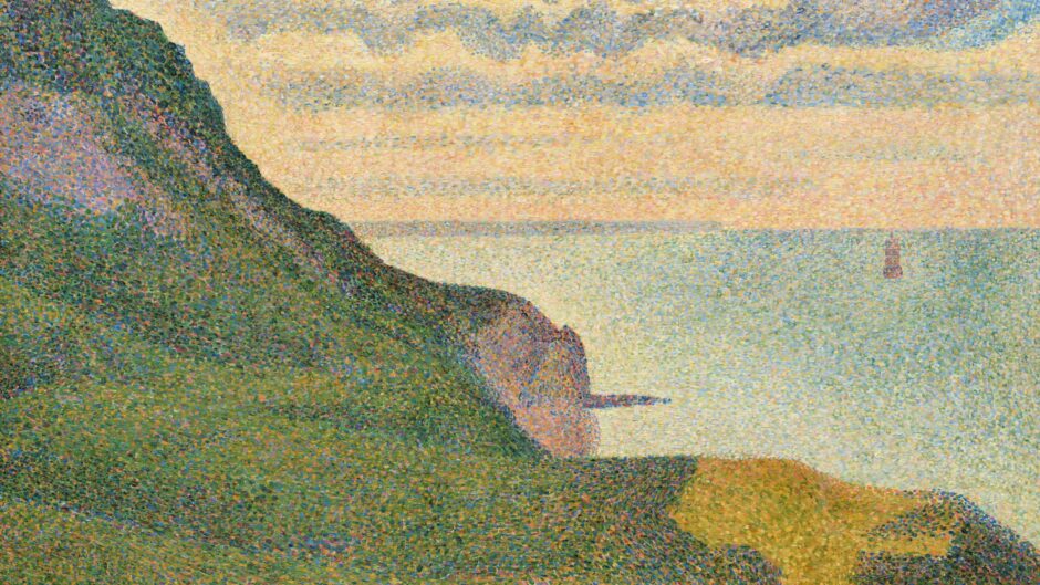 A painting of Seascape at Port-en-Bessin, Normandy, a green cliff overlooking the blue sea with clouds in the sky