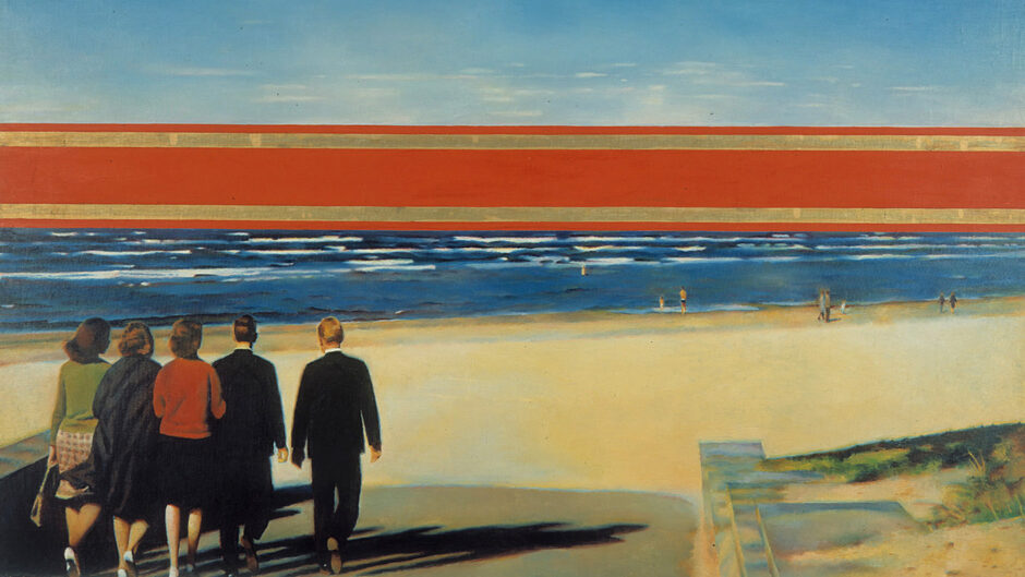 A landscape scene with vivid colours, with a blue sky, red centre strip, blue sea and sand. There are five figures, three women and two men, walking towards the sea in the bottom left corner. They are wearing business clothes.