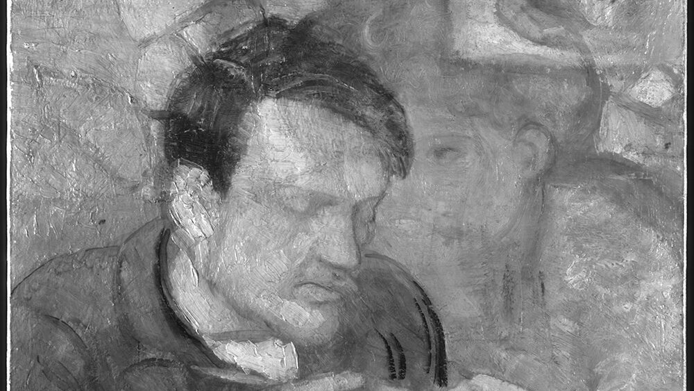 An infrared reflectography image of Pablo Picasso’s Blue Period painting, revealing an underlying composition beneath the visible artwork. The hidden image shows a woman with delicate features, wearing what appears to be a hat or headpiece, gazing towards the viewer. Her figure overlaps with the seated man in the final composition, suggesting that Picasso reused the canvas, painting over an earlier work.