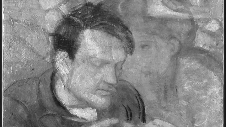 An infrared reflectography image of Pablo Picasso’s Blue Period painting, revealing an underlying composition beneath the visible artwork. The hidden image shows a woman with delicate features, wearing what appears to be a hat or headpiece, gazing towards the viewer. Her figure overlaps with the seated man in the final composition, suggesting that Picasso reused the canvas, painting over an earlier work.