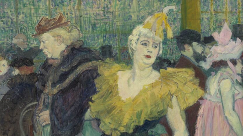 Toulouse-Lautrec painting of a vibrant cabaret scene, figure in yellow and green, red lips, feathered hat.