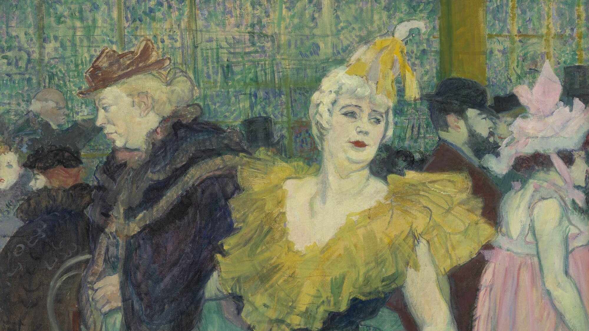 Toulouse-Lautrec painting of a vibrant cabaret scene, figure in yellow and green, red lips, feathered hat.