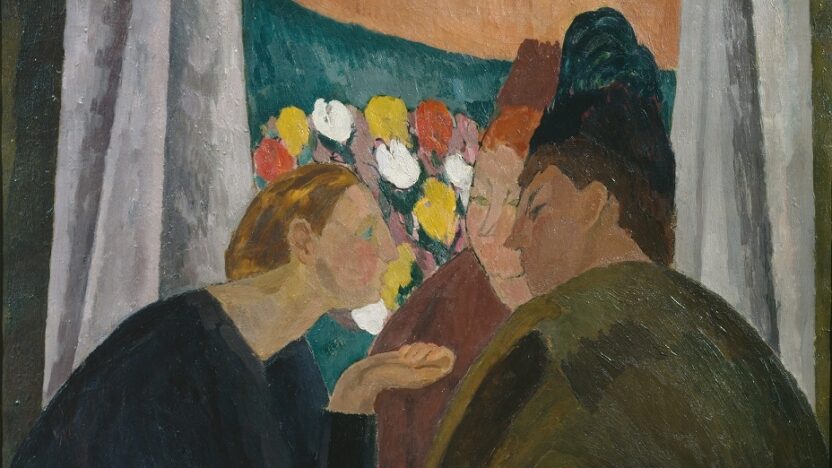 A painting of three women in conversation. The woman on the left leans into the other two in earnest discussion. They sit in front of an open window with a bouquet of flowers visible.