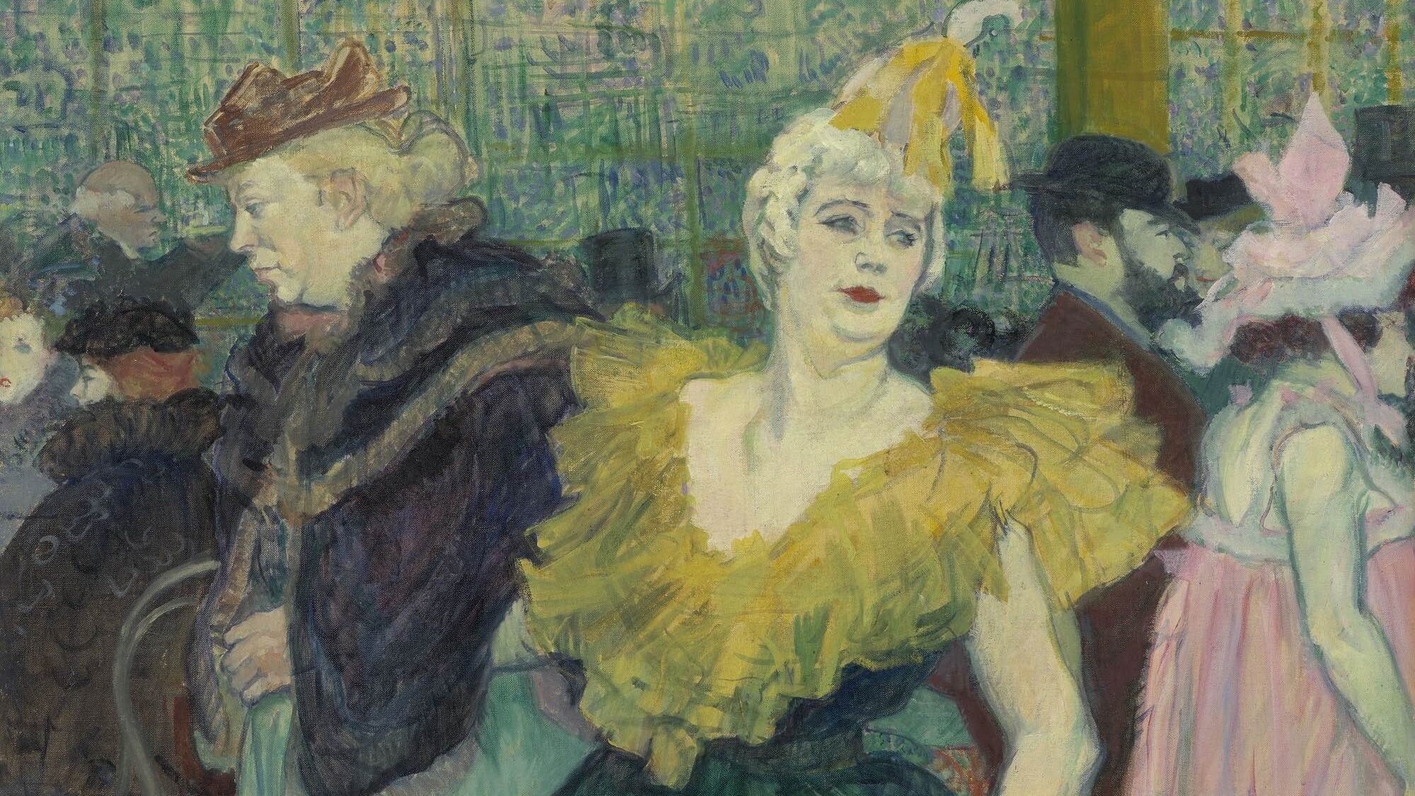 Toulouse-Lautrec painting of a vibrant cabaret scene, figure in yellow and green, red lips, feathered hat.