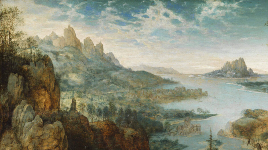 A landscape painting with blue sky, mountain ranges and a large river running through. In the foreground a red-cloaked figure rides a horse across a ridge, assisted by another figure in front.