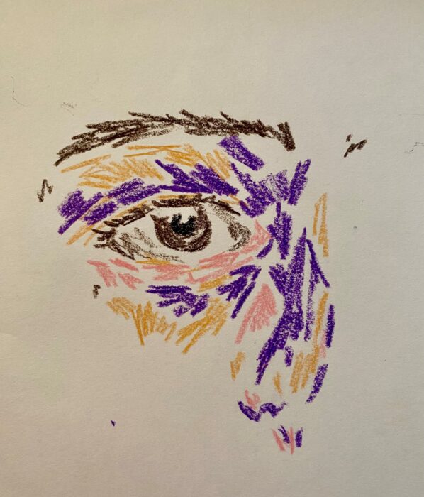Multiple, colourful pastel strokes which form an eye and nose