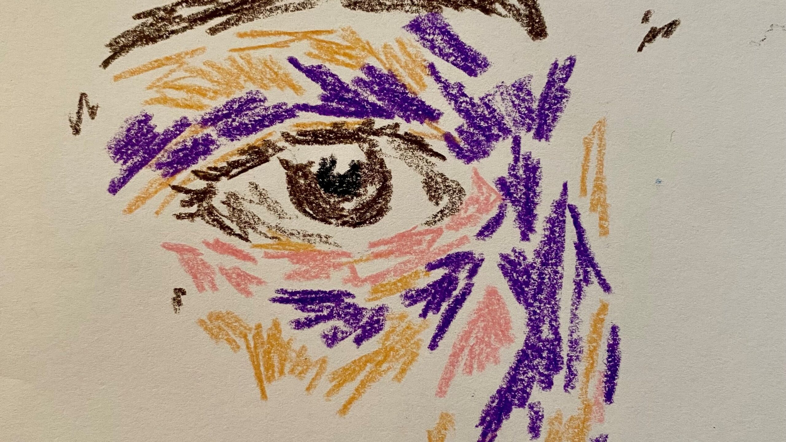 Multiple, colourful pastel strokes which form an eye and nose