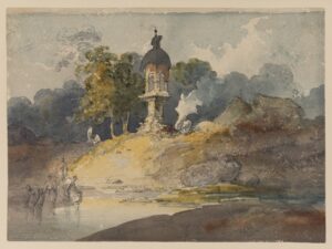 Indian riverside village with washerwoman and shrine illustration.