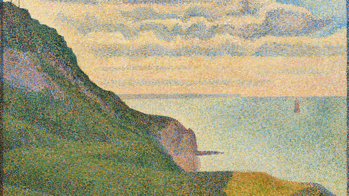 A painting of Seascape at Port-en-Bessin, Normandy, a green cliff overlooking the blue sea with clouds in the sky