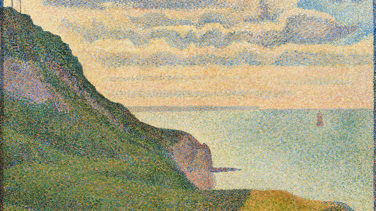 A painting of Seascape at Port-en-Bessin, Normandy, a green cliff overlooking the blue sea with clouds in the sky