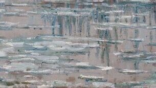 Impressionist painting of a partially frozen river with ice floes reflecting the sky, bare trees lining the banks, and a misty background.