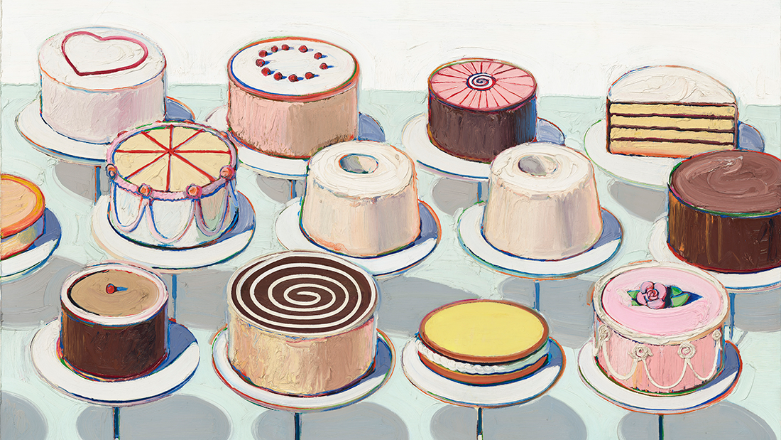 Oil painting by Wayne Thiebaud featuring three rows of circular cakes on a light blue table