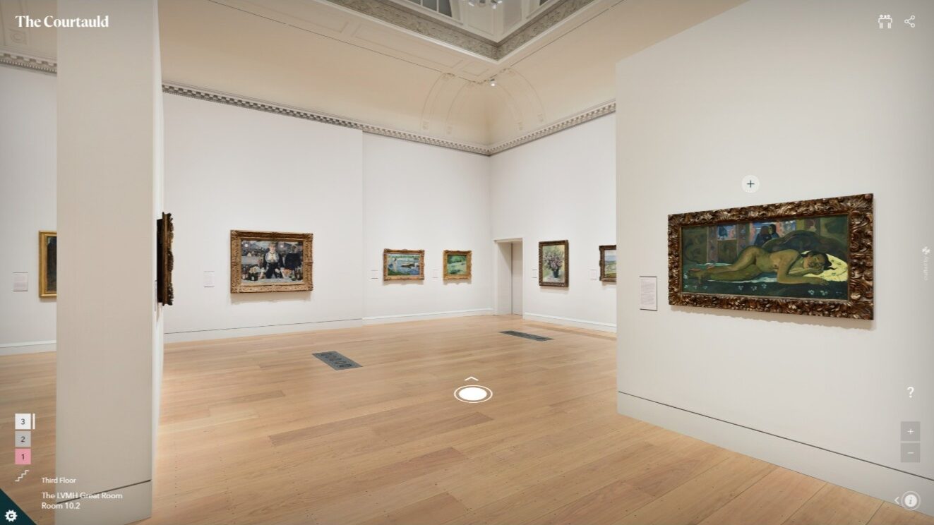 Image of the Courtauld's gallery with paintings hanging from the walls and a white cursour pointing to a direction on the floor