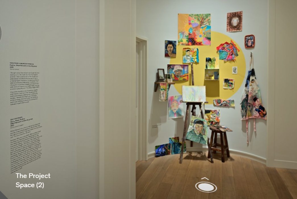 a screenshot from the sense of self virtual tour, showing some of the works by the students in the gallery space