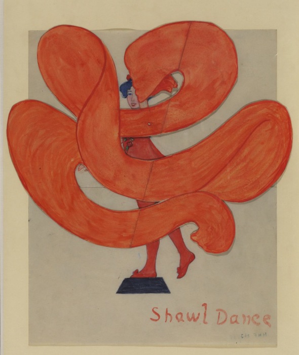 Collage watercolour work of a figure dancing; the bulk of the image is taken up with a large orange shawl that is swirling through the scene, as if dancing itself. 'Shawl Dance' is written in the bottom right corner in orange writing.