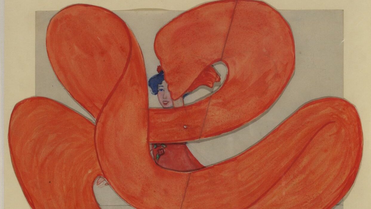 Collage watercolour work of a figure dancing; the bulk of the image is taken up with a large orange shawl that is swirling through the scene, as if dancing itself. 'Shawl Dance' is written in the bottom right corner in orange writing.