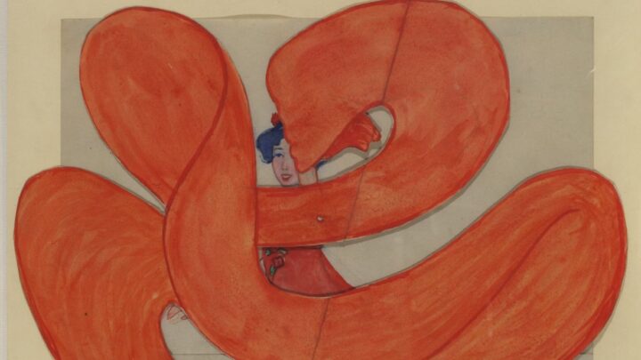 Collage watercolour work of a figure dancing; the bulk of the image is taken up with a large orange shawl that is swirling through the scene, as if dancing itself. 'Shawl Dance' is written in the bottom right corner in orange writing.