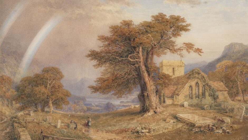 Watercolour drawing of a rainbow over a beautiful gorge in the British countryside. In the foreground, a church-like structure stands on the right, with a large tree dominating the centre third.