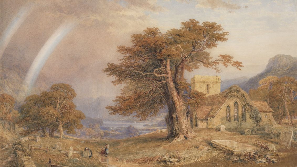 Watercolour drawing of a rainbow over a beautiful gorge in the British countryside. In the foreground, a church-like structure stands on the right, with a large tree dominating the centre third.