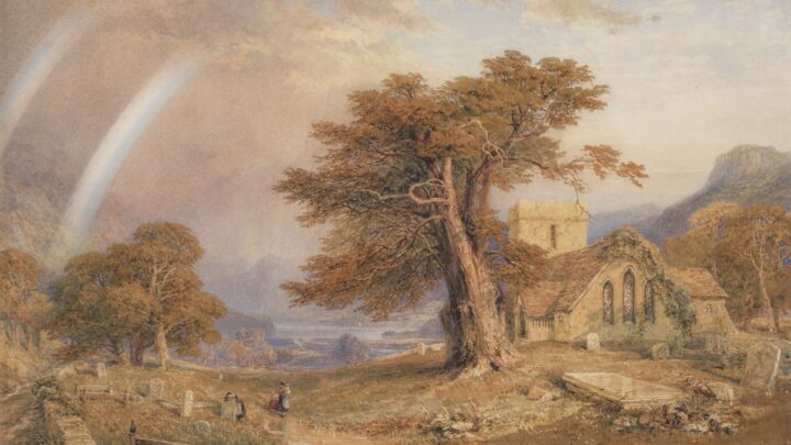 Watercolour drawing of a rainbow over a beautiful gorge in the British countryside. In the foreground, a church-like structure stands on the right, with a large tree dominating the centre third.