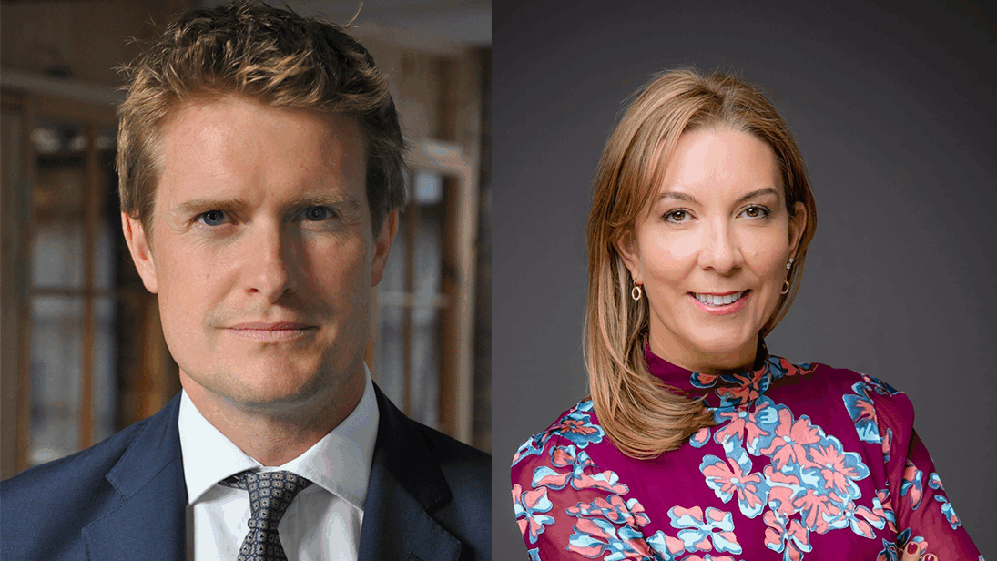 A side-by-side image with, on the left, a photo of Tristram Hunt wearing a navy suit. On the right, a photo of Antonio Romeo wearing a smart maroon dress with bold pink and blue flowers.