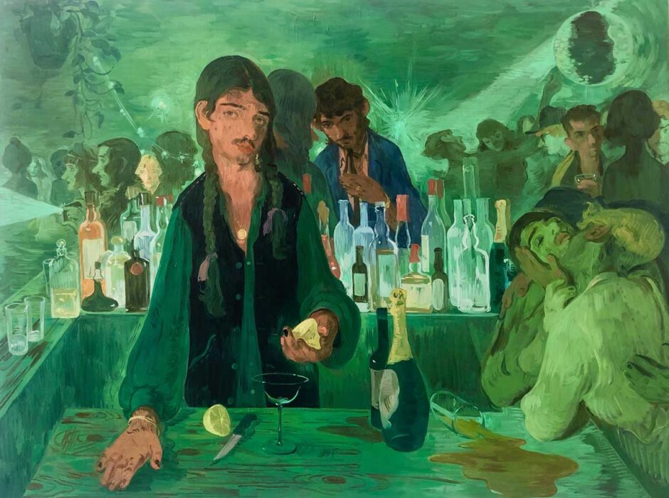 A painting of a man cutting a lemon behind a bar. The whole scene is a green hue and in the background there are rows of alcohol bottles (a bar), and a nightclub full of people.