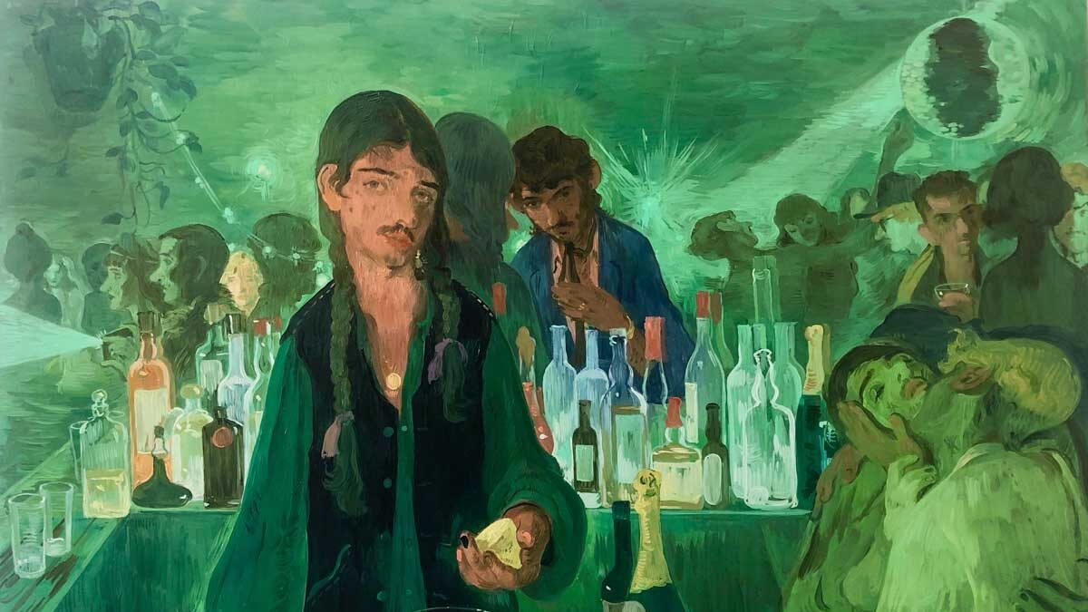 A painting of a man cutting a lemon behind a bar. The whole scene is a green hue and in the background there are rows of alcohol bottles (a bar), and a nightclub full of people.