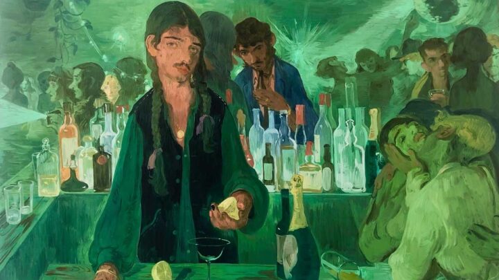 A painting of a man cutting a lemon behind a bar. The whole scene is a green hue and in the background there are rows of alcohol bottles (a bar), and a nightclub full of people.