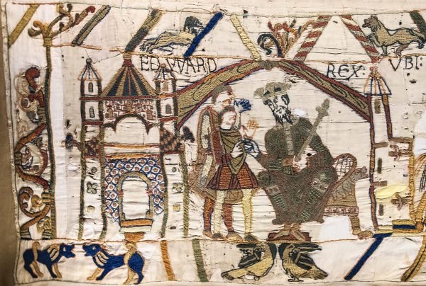 King Edward the Confessor instructing Harold Godwinson to sail to England (detail from the Bayeux Tapestry, wool thread on linen, 11th century; Bayeux Tapestry Museum, France and from September 2026 London, British Museum).