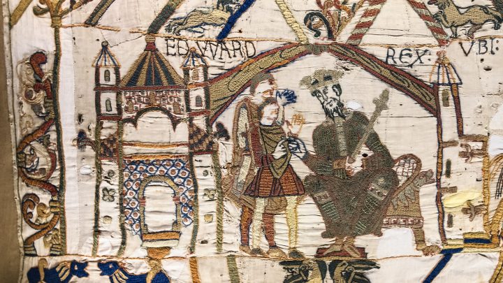 King Edward the Confessor instructing Harold Godwinson to sail to England (detail from the Bayeux Tapestry, wool thread on linen, 11th century; Bayeux Tapestry Museum, France and from September 2026 London, British Museum).