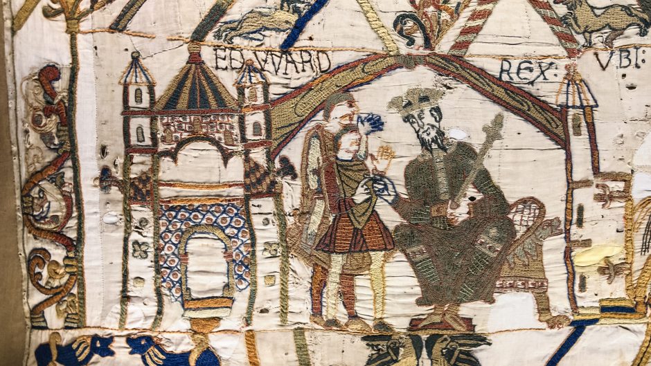 King Edward the Confessor instructing Harold Godwinson to sail to England (detail from the Bayeux Tapestry, wool thread on linen, 11th century; Bayeux Tapestry Museum, France and from September 2026 London, British Museum).