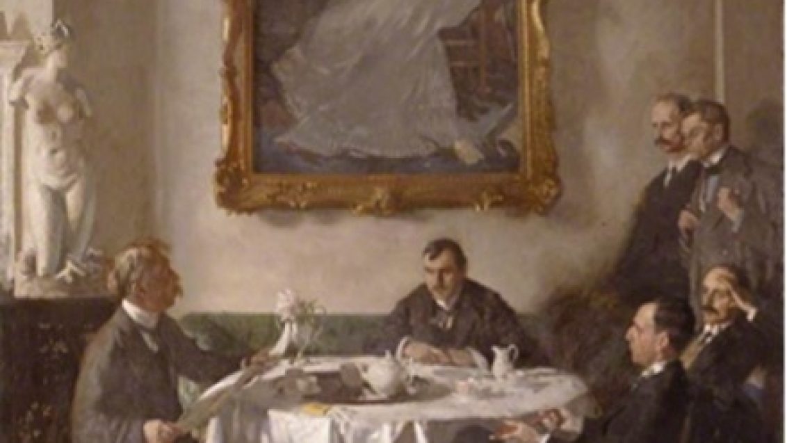 A painting of four men seated around a table, with two standing in the background