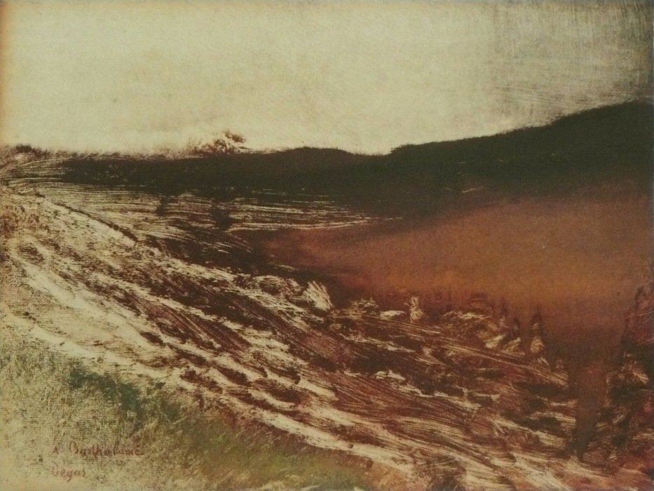 Abstract landscape painting with earthy tones of brown, ochre, and green. The composition suggests a sweeping hillside or ploughed field with rough, textured brushstrokes in the foreground, leading towards a dark horizontal band of land against a pale, almost blank sky. The overall effect is atmospheric and moody, evoking a sense of vast, desolate terrain.