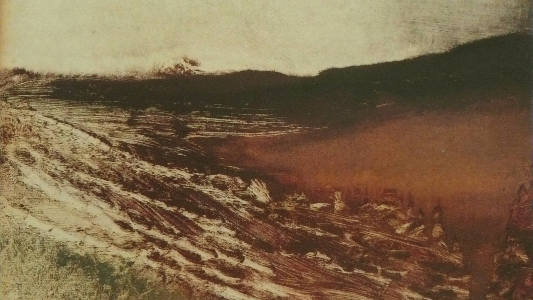 Abstract landscape painting with earthy tones of brown, ochre, and green. The composition suggests a sweeping hillside or ploughed field with rough, textured brushstrokes in the foreground, leading towards a dark horizontal band of land against a pale, almost blank sky. The overall effect is atmospheric and moody, evoking a sense of vast, desolate terrain.