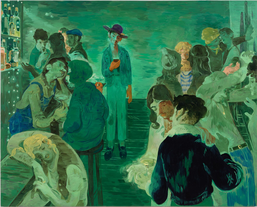 Green toned painting of a bar with figures.