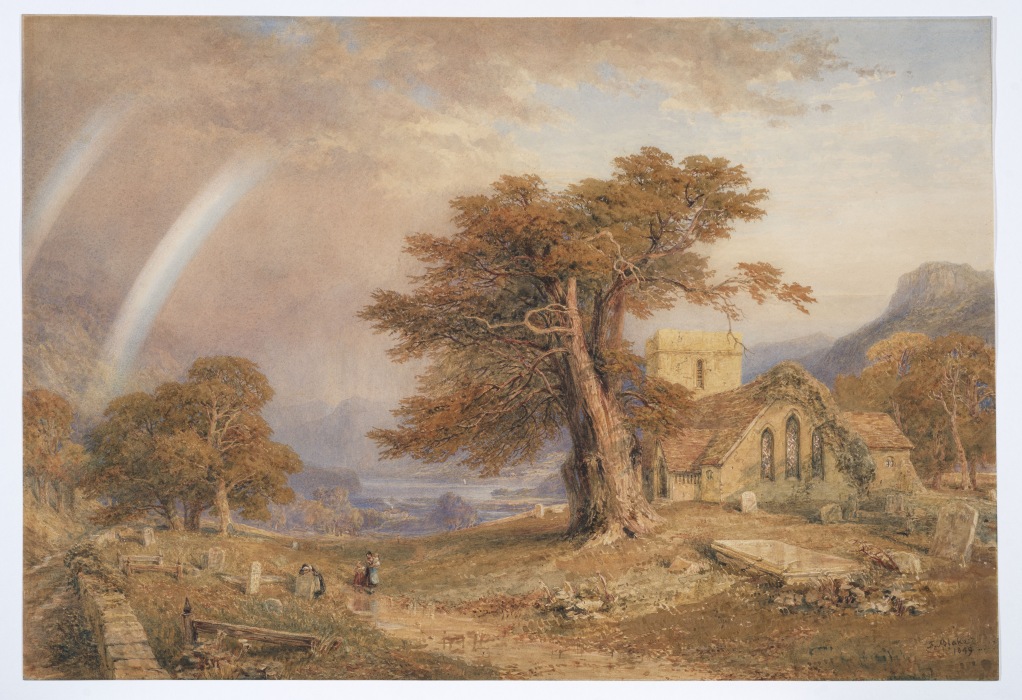A landscape painting of Patterdale Church, with a tree, landscape and sky beyond