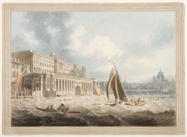 A painting of a grand building, which front leads onto the Thames. The Thames looks dangerous with waves, as a few boats try and sail on it. Blue and cloudy sky in the background.