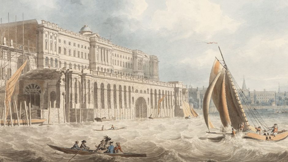 A painting of a grand building, which front leads onto the Thames. The Thames looks dangerous with waves, as a few boats try and sail on it. Blue and cloudy sky in the background.