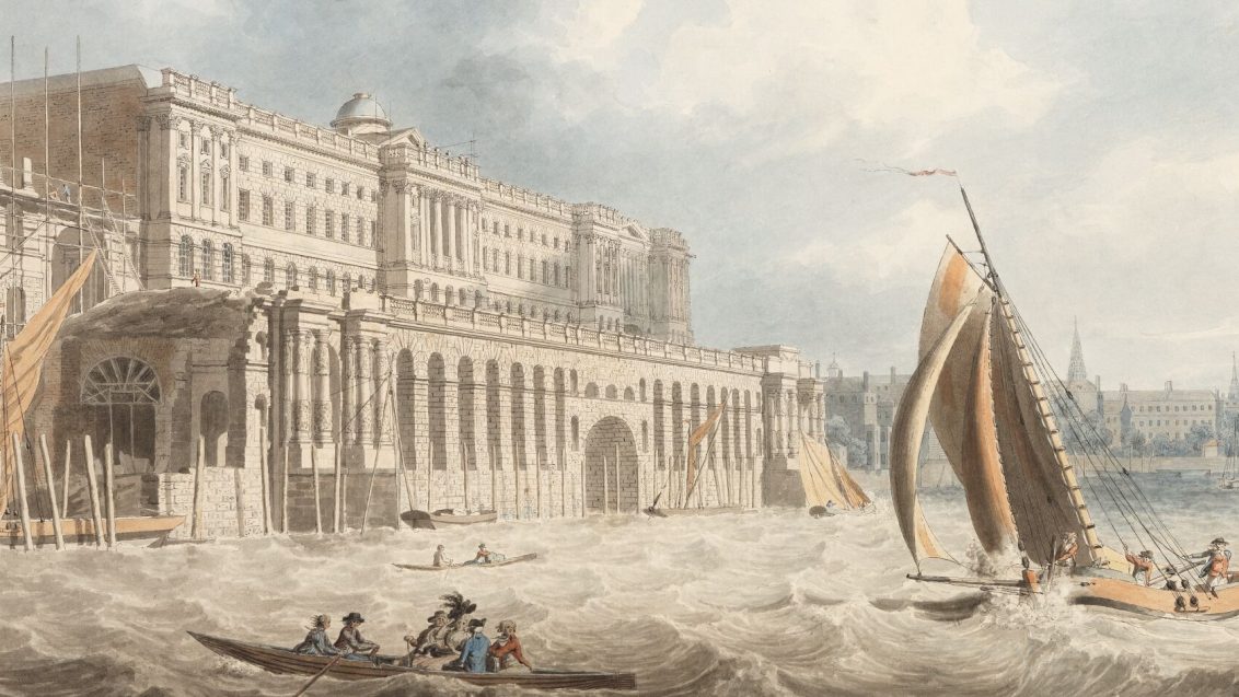 A painting of a grand building, which front leads onto the Thames. The Thames looks dangerous with waves, as a few boats try and sail on it. Blue and cloudy sky in the background.
