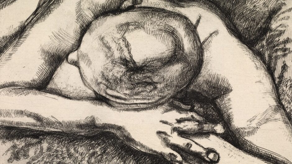 A black and white etching of a reclining figure, showing their head, hands and arms